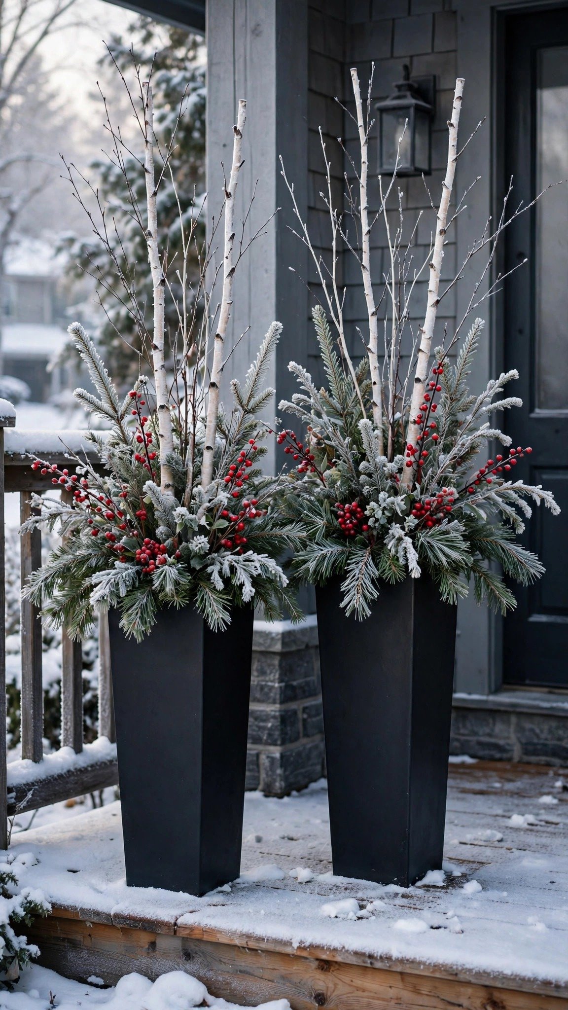 Tall planters with frosted birch branches and evergreen on a snowy porch