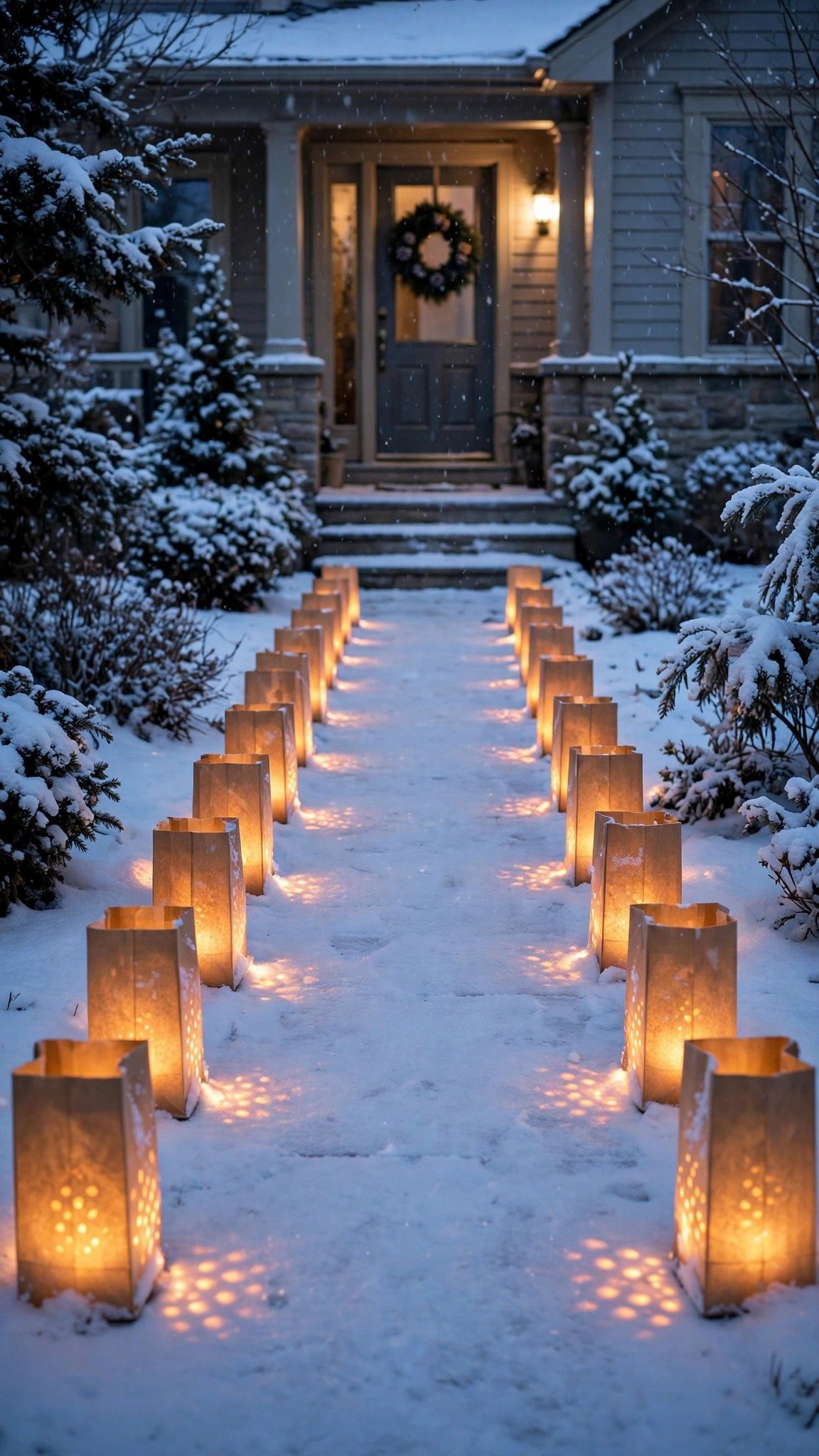 Walkway lined with glowing luminaria candles in the snow at dusk