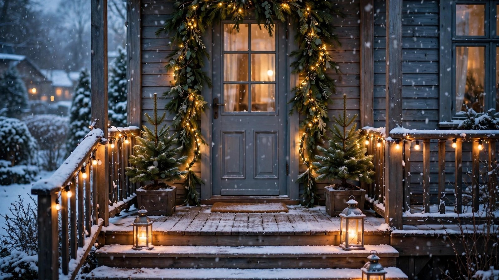 Cozy winter front porch with frosted garland, mini pines and glowing lanterns