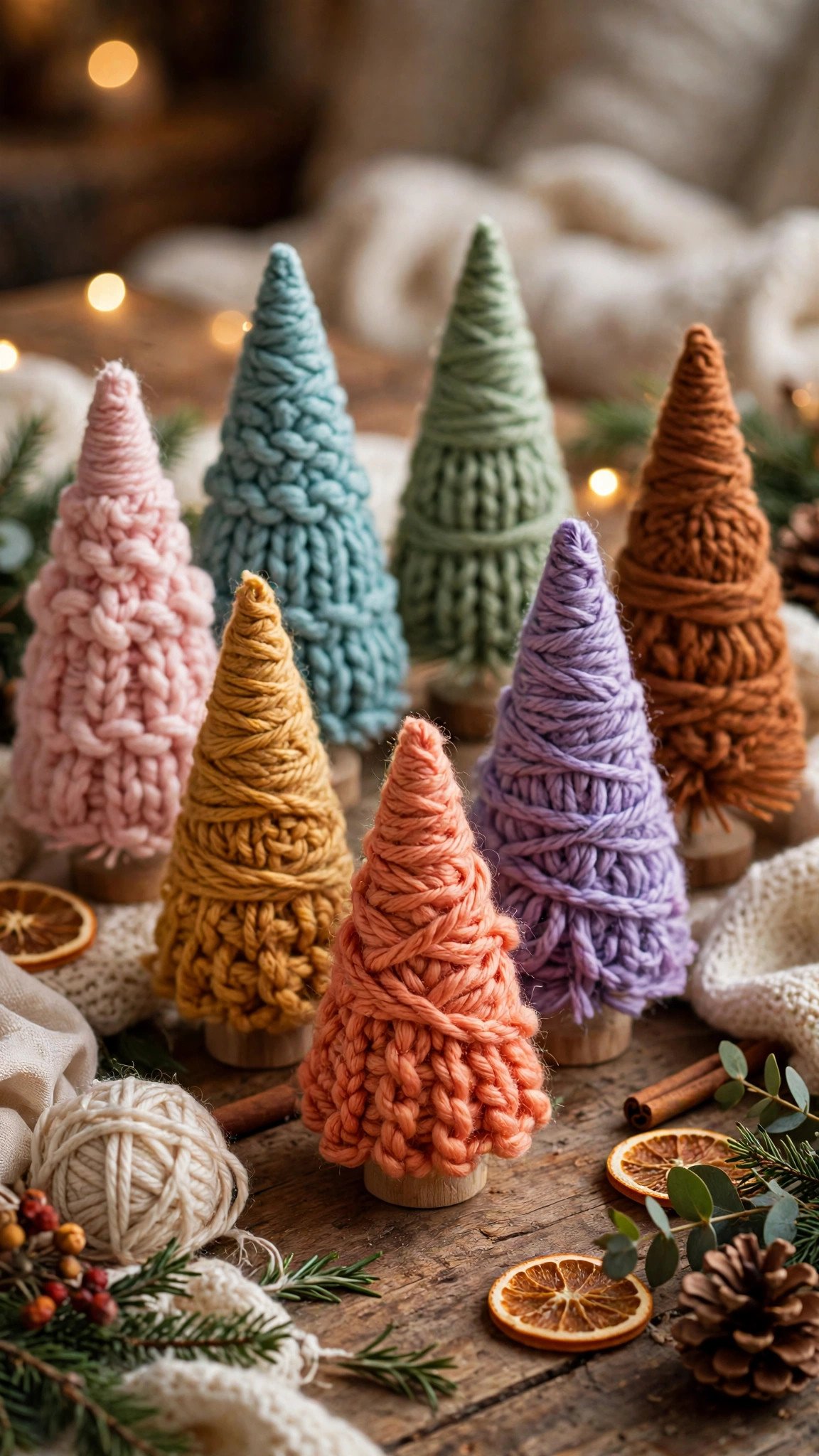 Yarn-wrapped Christmas cone trees in red, green and cream