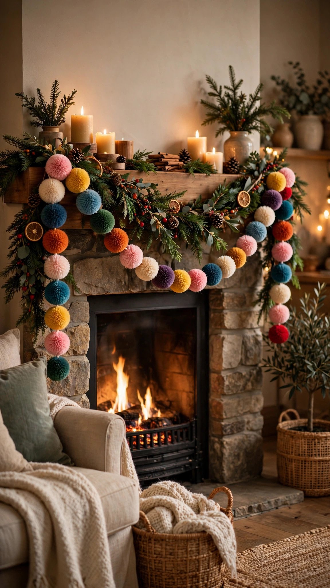 Handmade yarn pom-pom garland in red, white and green