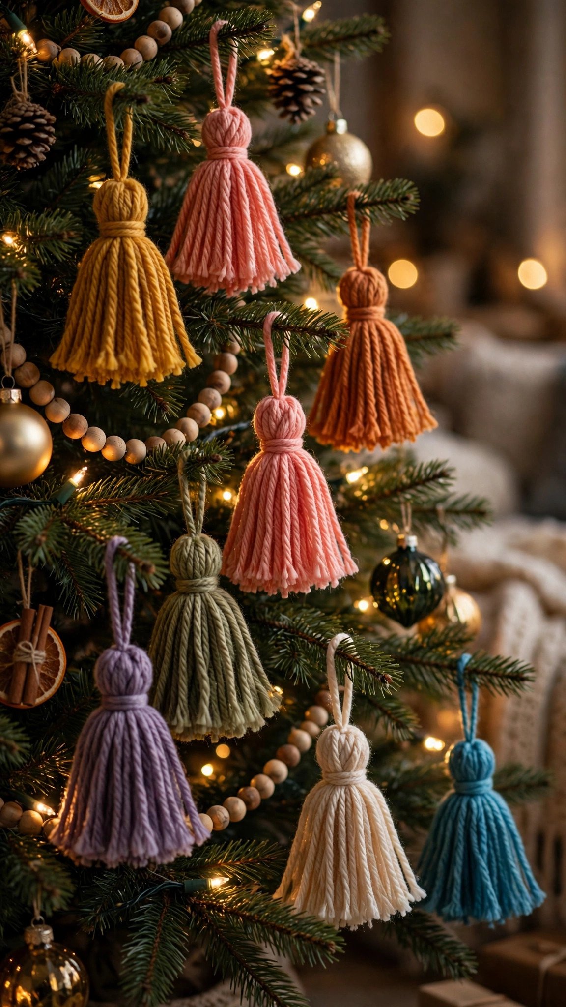 Colorful yarn tassel ornaments hanging on a Christmas tree