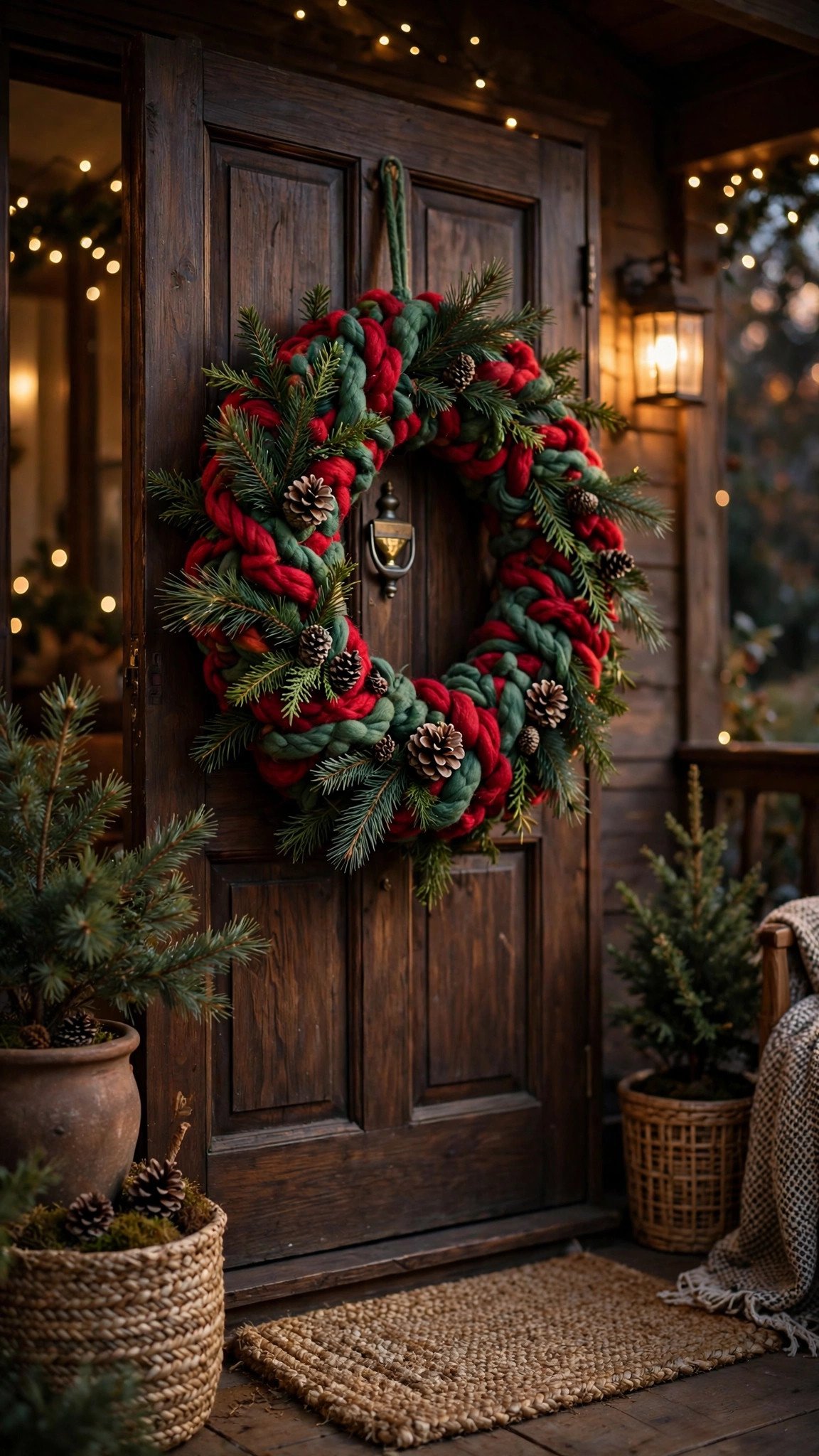 Crocheted yarn star ornaments hanging from a branch