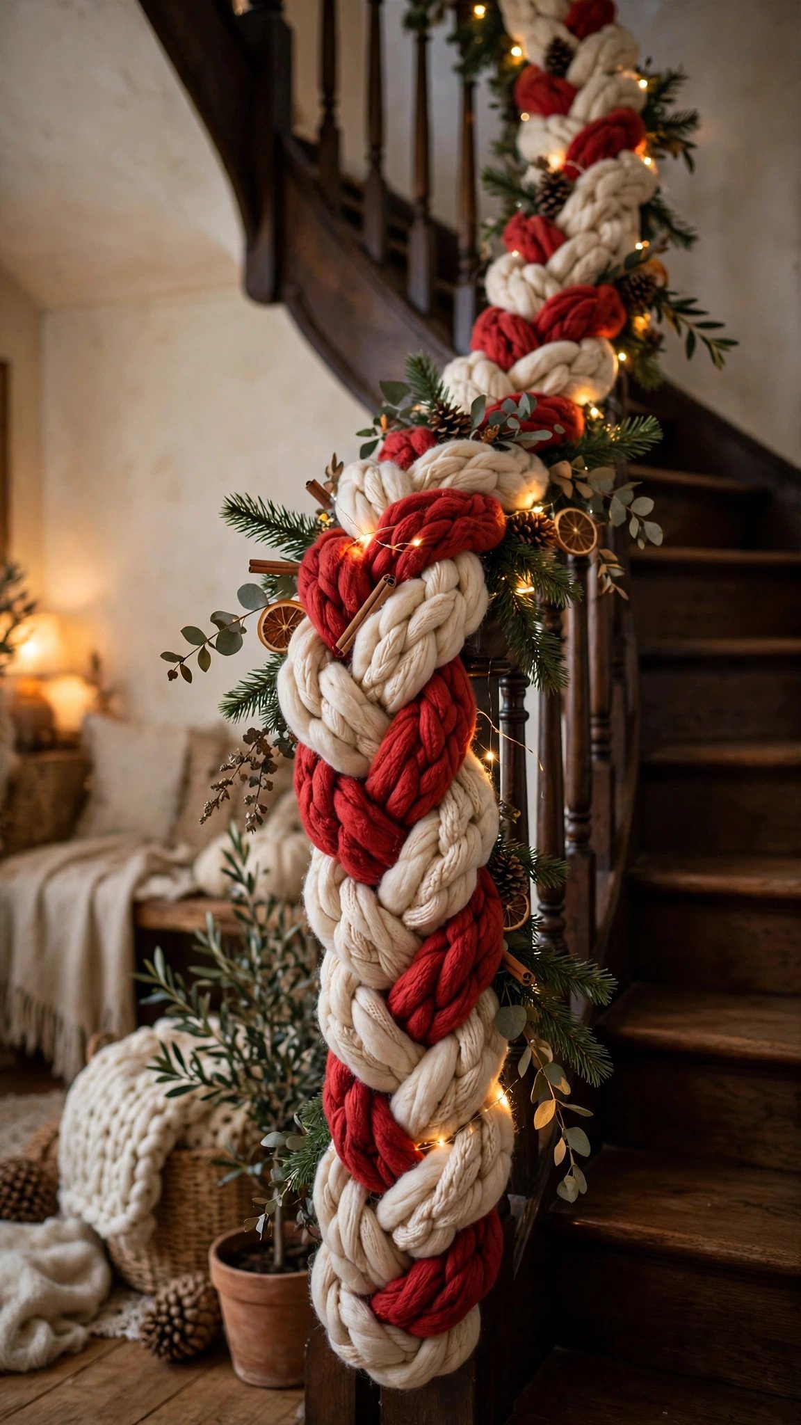 Yarn ball ornaments in festive colors on a Christmas tree
