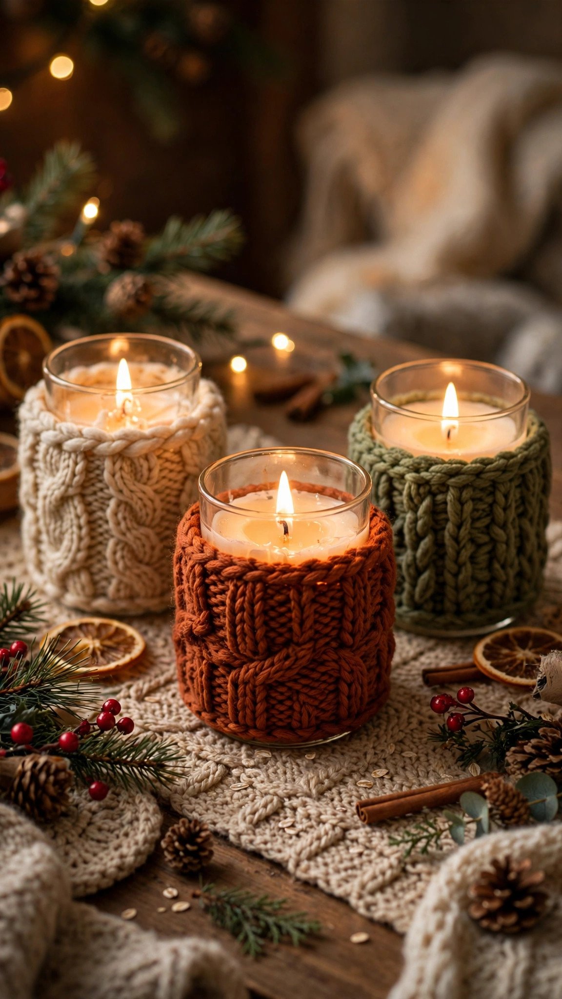 Mini yarn stockings hanging on a Christmas mantel
