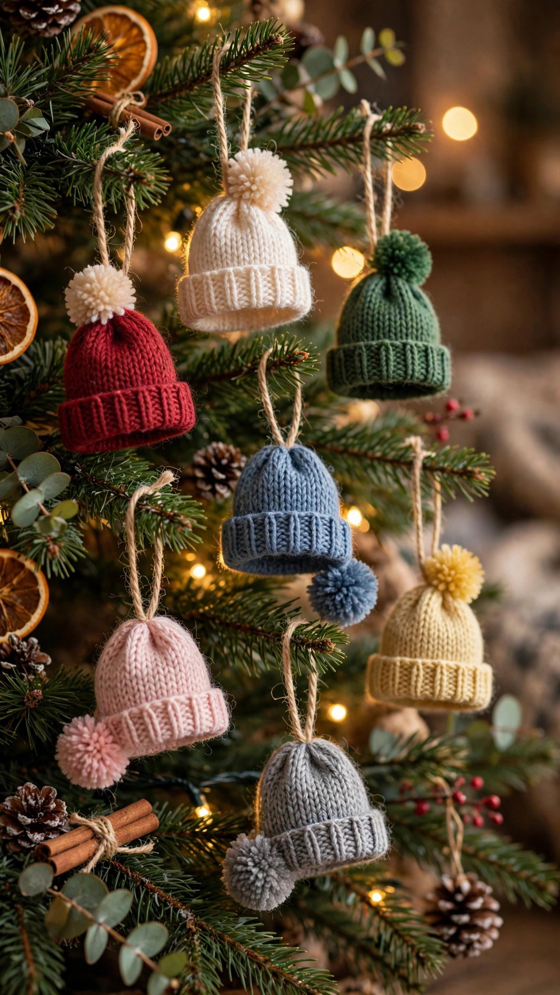 Yarn-wrapped star tree topper on top of a Christmas tree