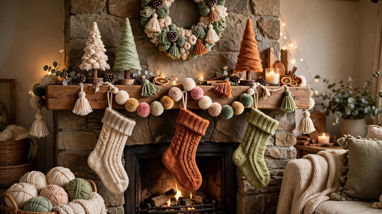 Cozy handmade yarn Christmas crafts decorating a living room